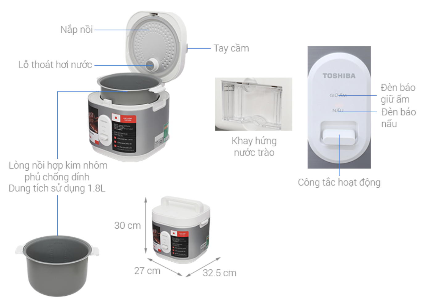 Nồi cơm nắp gài Toshiba 1.8 lít RC-18JRUVN(W)