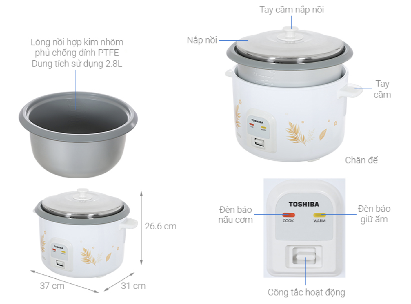Nồi cơm nắp rời Toshiba 2.8 lít RC-28MH1PV(G)