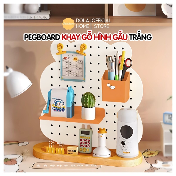 Bảng Gấu Trắng – Pegboard khay gỗ/chân đứng kim loại Dola Home