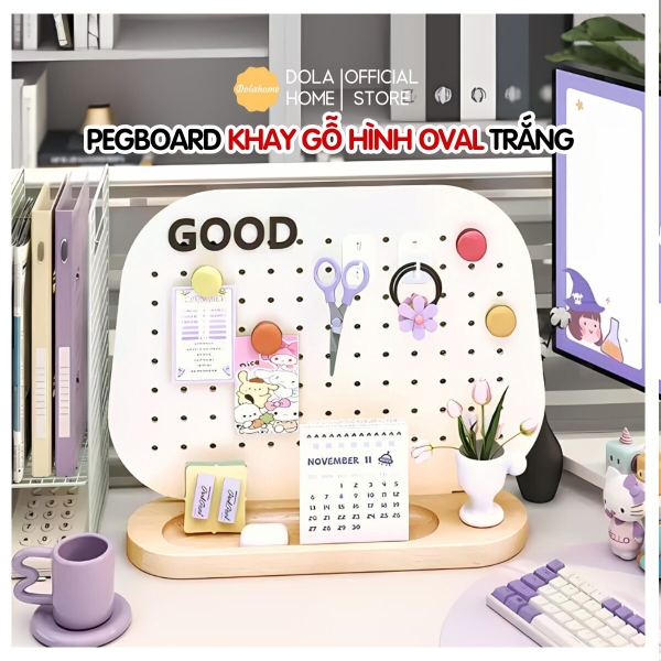 Bảng Oval Trắng – Pegboard khay gỗ kim loại Dola Home