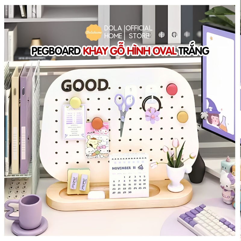 Bảng Oval Trắng – Pegboard khay gỗ kim loại Dola Home