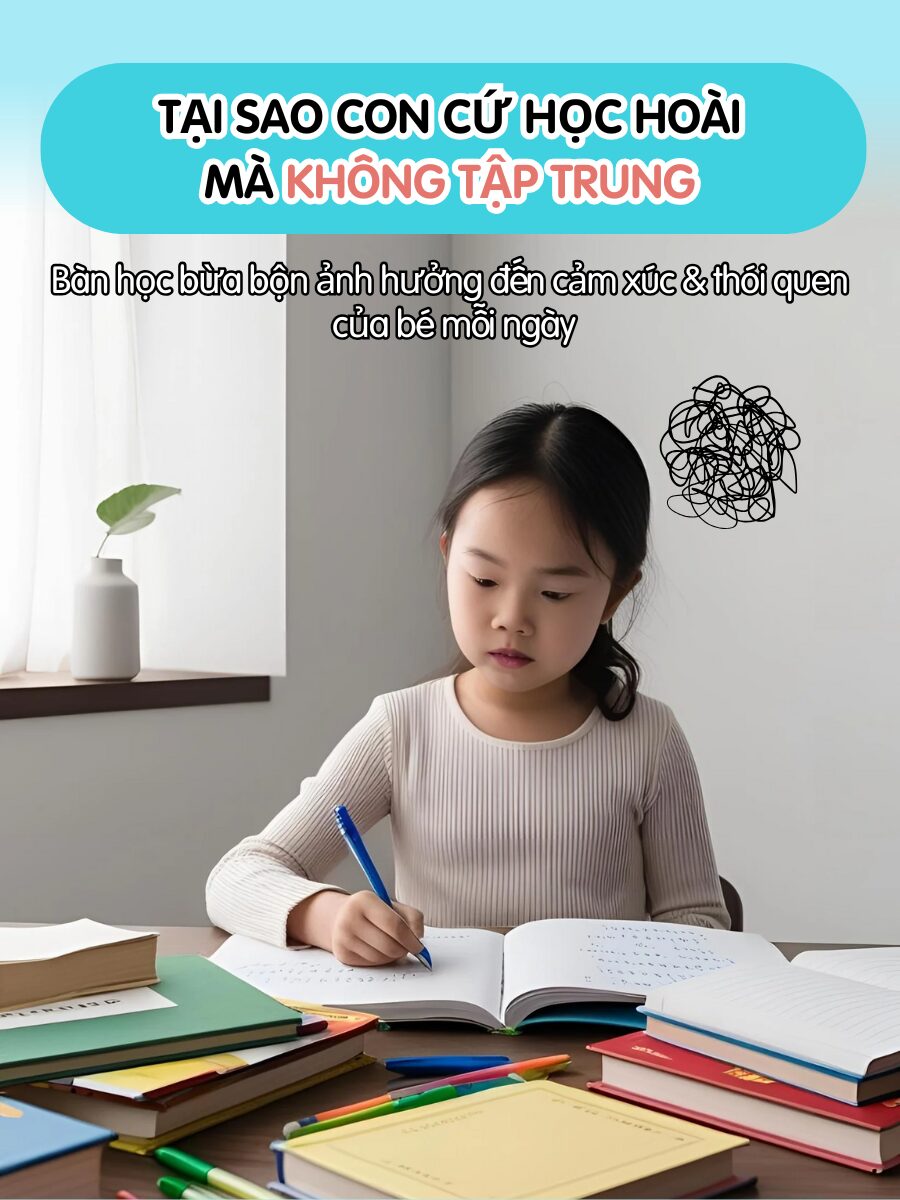 B&eacute; g&aacute;i ngồi học nhưng kh&ocirc;ng tập trung, b&agrave;n học bừa bộn với nhiều s&aacute;ch vở