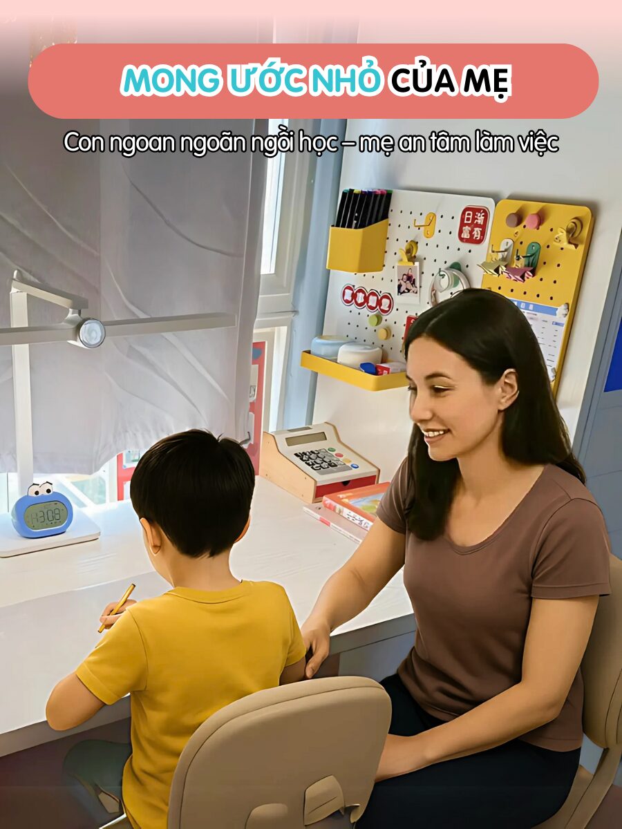Mẹ ngồi cạnh con trong g&oacute;c học tập gọn g&agrave;ng với bảng pegboard m&agrave;u v&agrave;ng treo đồ d&ugrave;ng học tập