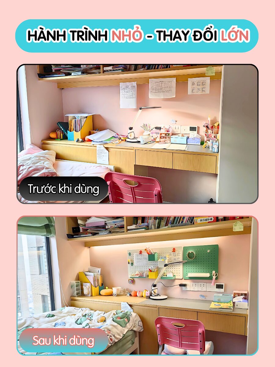 Ảnh trước v&agrave; sau khi sử dụng pegboard Dola Home trong g&oacute;c học tập