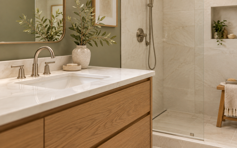 Refresh the Bathroom With Coordinated Tiles and Warm Finishes